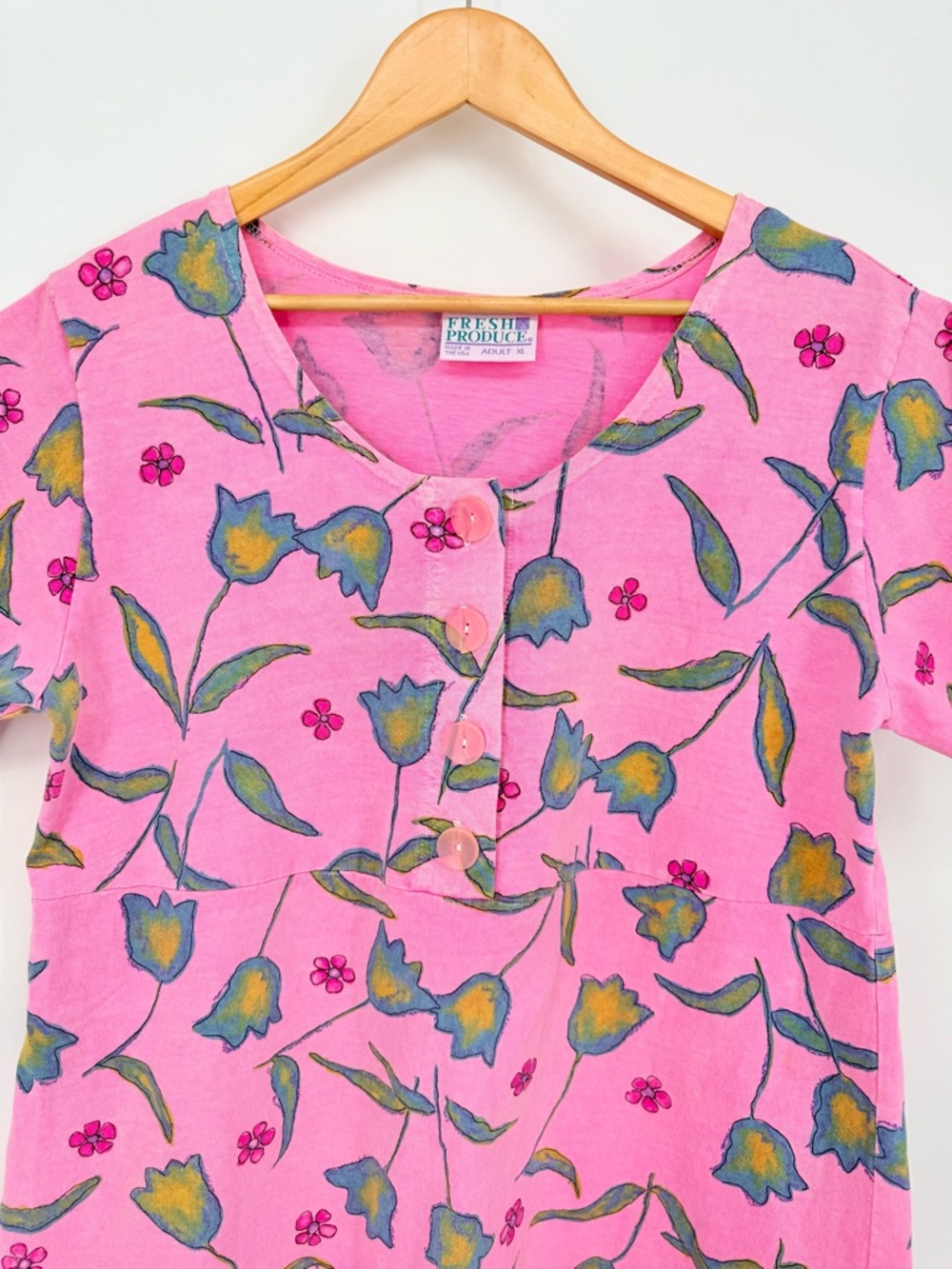 Fresh Produce Vintage 90s Dress XL Pink Floral Tulip 100% Cotton Knit US Coastal - Picture 4 of 14